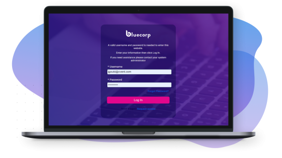 A laptop screen displaying a login screen for Bluecorp with the company logo at the top.
