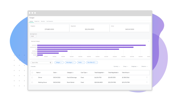 Budget management feature image with a purple background and a blue circle in the center.