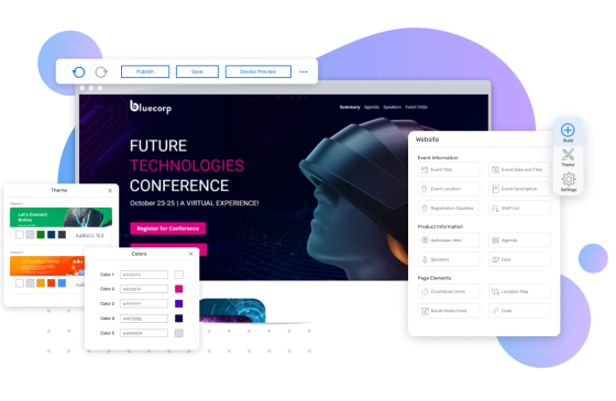 Bluecorp website with theme and colors on the left and website builder on the right.