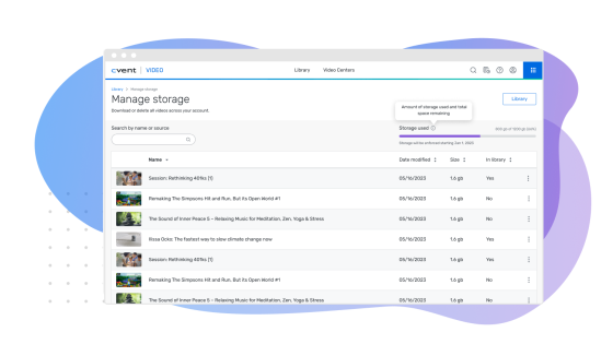 Manage storage in the Library with Cvent Video, displaying storage usage, videos, and options for management.