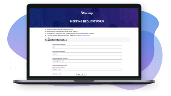 Meeting Request Form for Bluecorp on laptop screen with blue and purple background and black frame.
