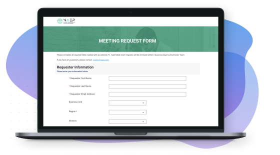 Meeting Request Form in a laptop with background of a man in a lab coat