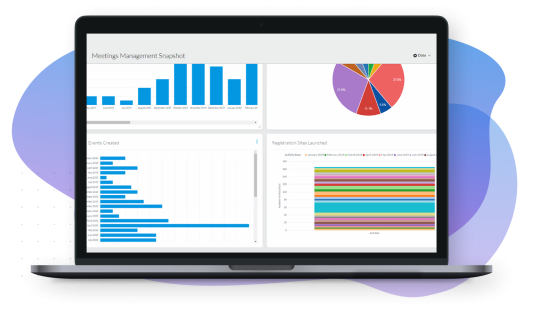 Laptop screen showing a meetings management snapshot, including charts and graphs for the year 2019.
