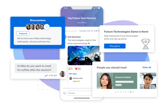 Mobile Event App showing the discussions and people you should meet sections on the home page.