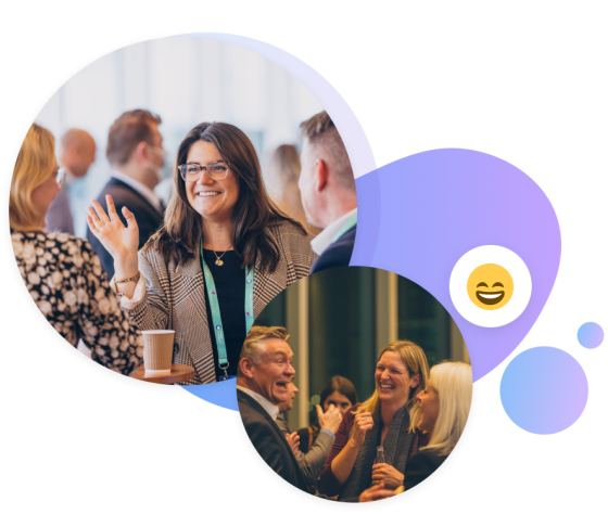 Collage of photos of people talking and laughing at in-person networking events for nonprofit professionals.