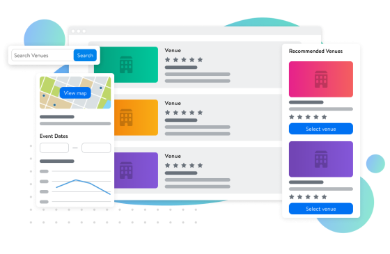 CSN mockup of search venues with map, event dates, and recommended venues.