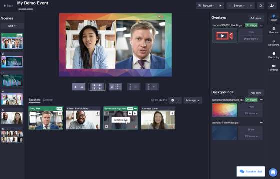 A screenshot of the host interface with a video preview, overlays, and speakers' content.