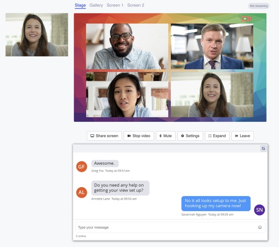 A screenshot of a speaker's new web page with three different views and a chat box.
