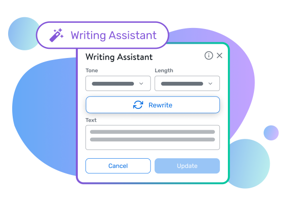 Writing assistant pop-up showing options for tone, length, rewrite, text, cancel, and update.