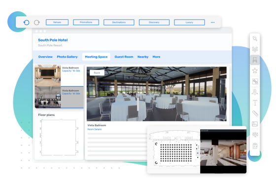 A screenshot of the South Pole Hotel page, showcasing the Vista Ballroom and its floor plan.