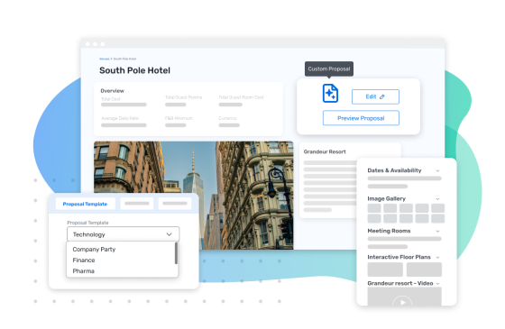Custom proposal template for a hotel with architecture, landscaping, and ambiance, and the ability to edit and preview.