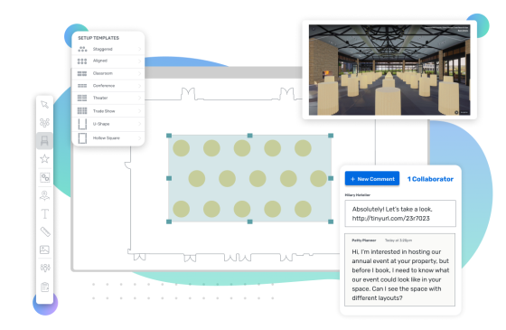 Screenshot of a floor plan with a chat box and a pop-up with different setup templates.