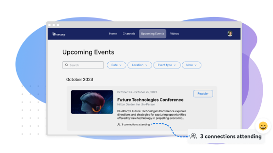 Upcoming events page on BlueCorp with 3 connections attending the Future Technologies Conference.