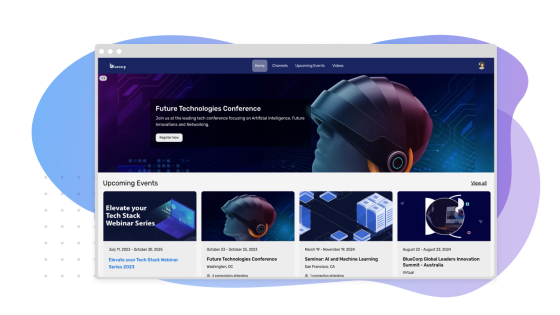 Screenshot of events page with an image of a person wearing a VR headset in the background.