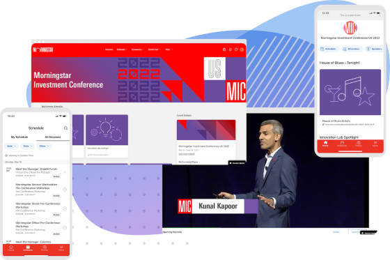 MIC Hybrid 2022 updated showing the mobile app and the desktop site and the virtual background.
