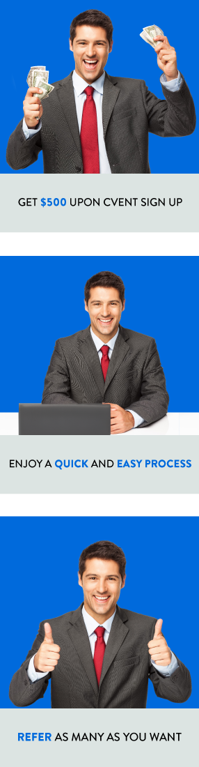 A smiling man holding money with text "Get $500 upon event sign up".