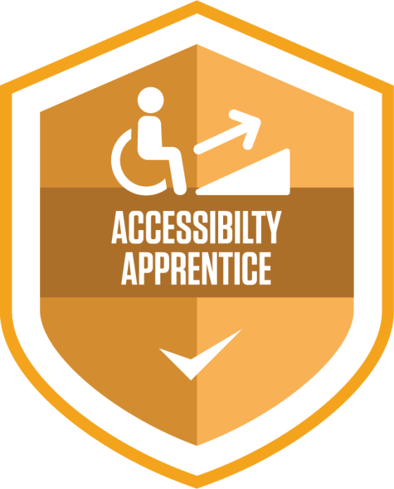 A badge with the words accessibility apprentice and an image of a person in a wheelchair.