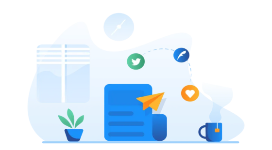 A cartoon of a workspace with a cup, a plant, and a heart icon.