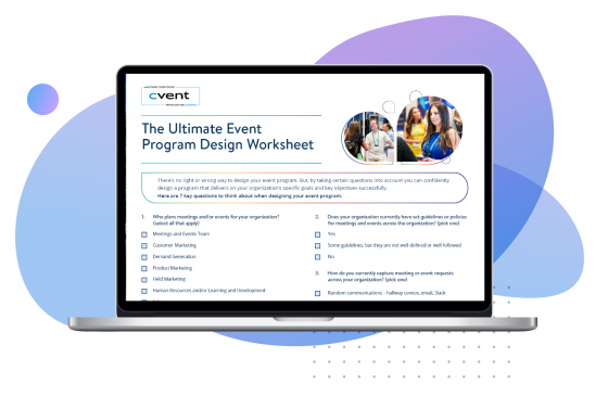 Laptop screen with a blue background showing the Cvent Ultimate Event Program Design Worksheet with seven questions.
