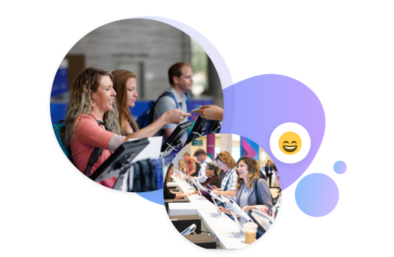 Quick and seamless check-in at the conference registration desk with a smiling emoji in the foreground.