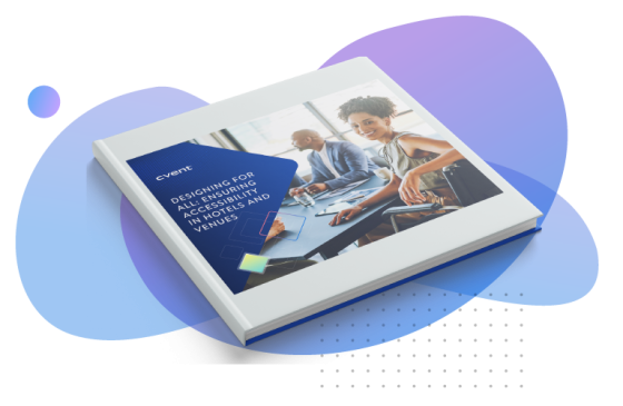 A book about designing for accessibility in hotels and venues, with a woman in an office.