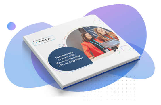 Book with text Fuel Business Growth with Event Technology in Three Easy Steps on blue background