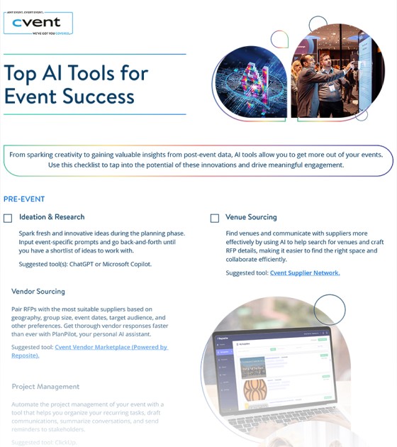 AI tools for event success with examples of ideation, vendor sourcing, project management, and venue sourcing.