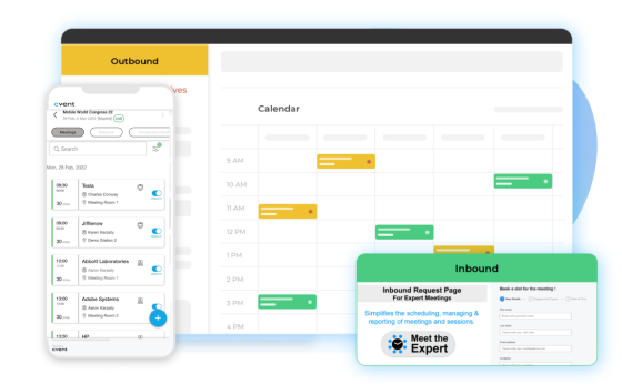A screenshot of a mobile app and a website showing the schedule of meetings and sessions.