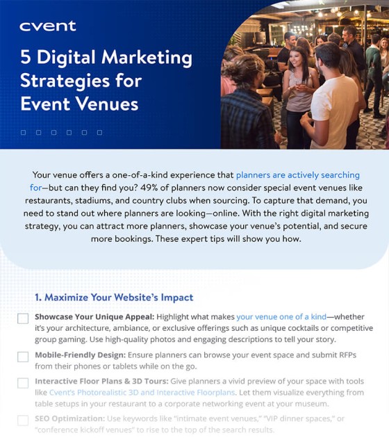 5 Digital Marketing Strategies for Event Venues: Maximize Your Website's Impact, Showcase Your Unique Appeal, Mobile-Friendly Design, Interactive Floor Plans & 3D Tours, and SEO Optimization.