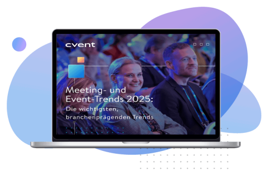 Laptop-Mockup mit dem Titel "Meeting- und Event-Trends 2025" von cvent auf schwarzem Hintergrund