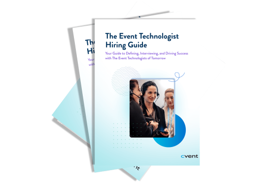 Event Technologist hiring guide cover page with a photo of two women wearing headsets.