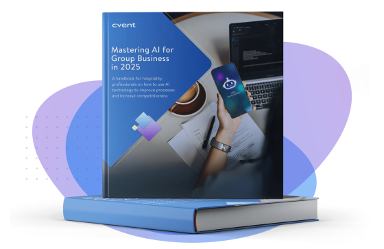 Mastering AI for Group Business in 2025 ebook mockup on a book with a cup of coffee and laptop