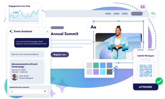 Illustration of a virtual event page showing engagement analytics, event feeds, attendee registration, and attendee QR code.