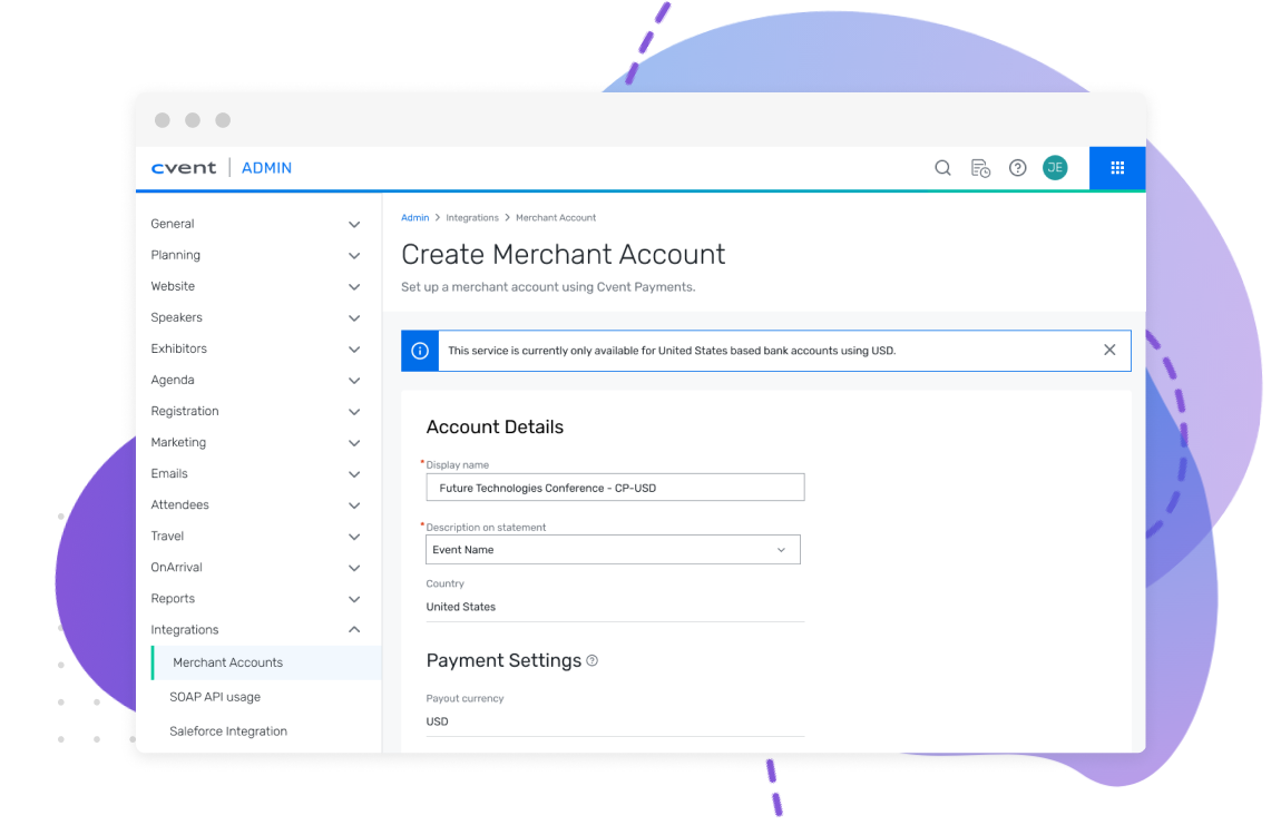 Merchant account creation page with payment settings on the left side of the page.