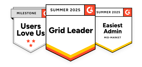 Three G2 awards for Users Love Us, Summer 2025 grid leader, and Easiest admin, all for Summer 2025.